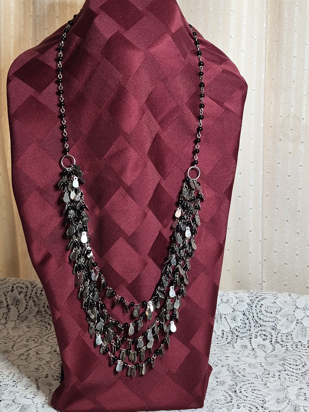 Vintage Black Beaded Layered Bib Statement Necklace